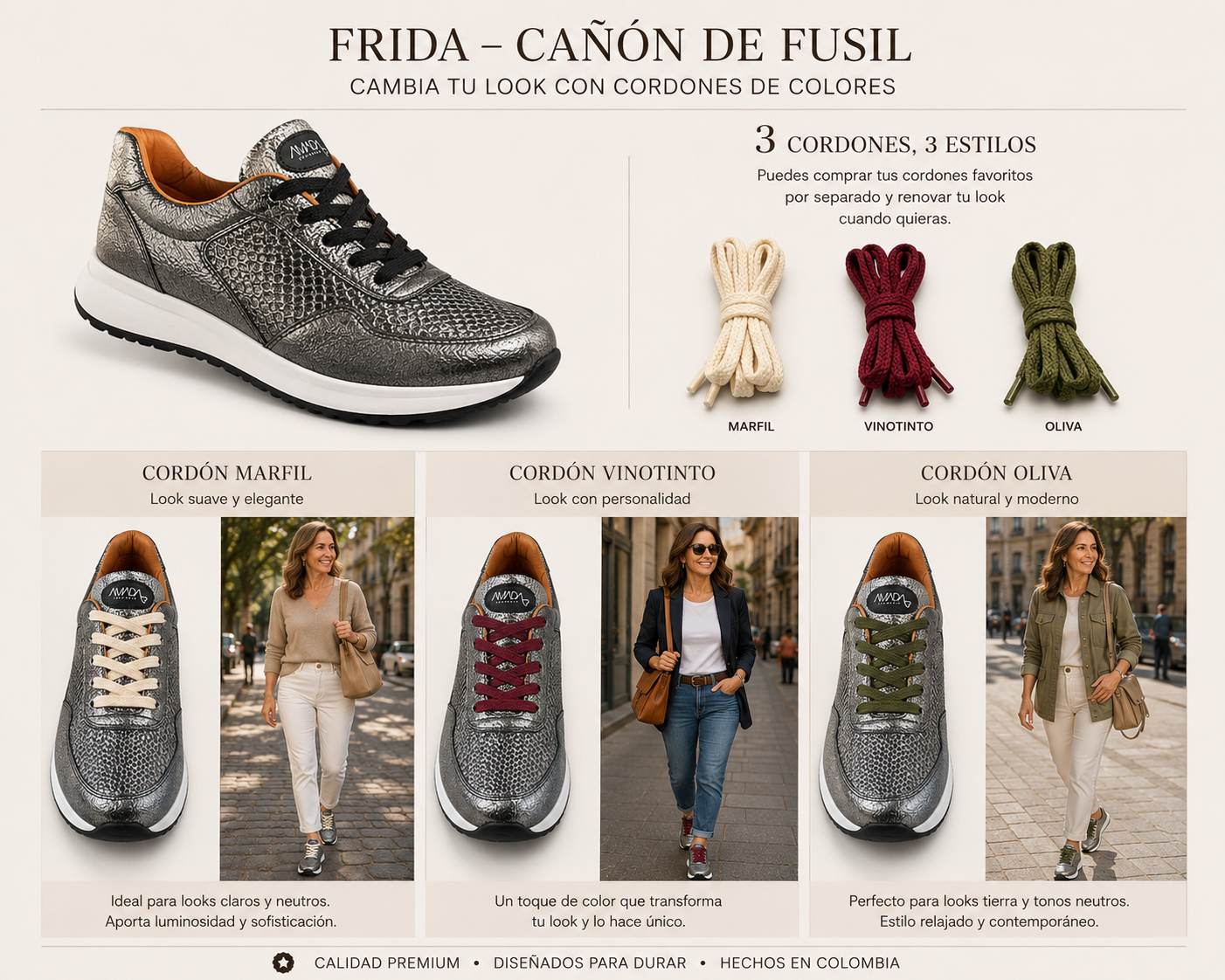 Frida Cañon de Fusil · Tenis 100% Cuero con Soporte Ortopédico