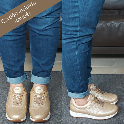 Frida Oro · Tenis 100% Cuero con Soporte Ortopédico