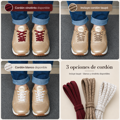 Frida Oro · Tenis 100% Cuero con Soporte Ortopédico